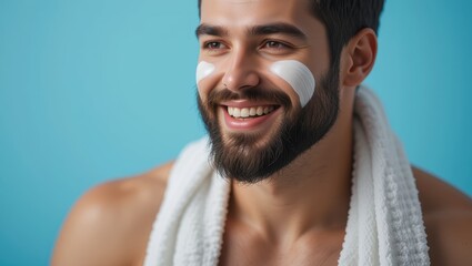 Fototapeta premium Young Man Smiling with Skincare Treatment and Towel on His Shoulders Against a Blue Background
