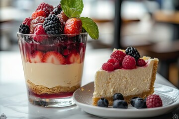 A vibrant fruit and yogurt parfait beside a slice of cheesecake