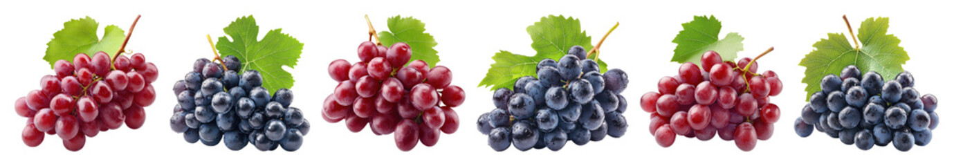 Fototapeta premium PNG Colorful grapes with leaves, transparent background