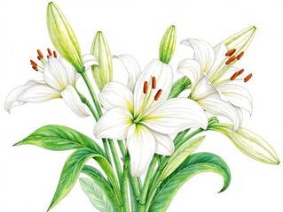 Naklejka premium White lilies and green leaves, delicate watercolor illustration, green, white