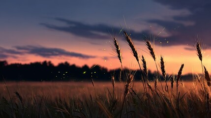 Obraz premium A dreamy golden wheat field at dusk, fireflies beginning to appear as the sun dips below the horizon
