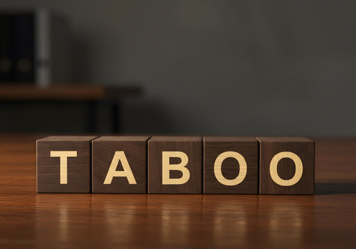 Taboo concept wooden blocks dark background forbidden topics social issues sensitive subjects discussion