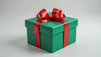 Obraz premium Elegant Green Gift Box Wrapped with Red Ribbon and Bow on a Light Surface