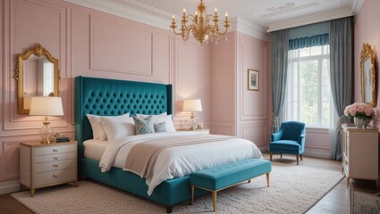 Elegant Modern Bedroom with Turquoise Bed and Light Pink Walls Featuring Chandelier and Natural Light