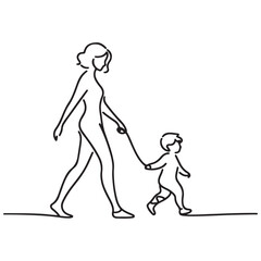 Mother and Child Walking Line Art Vector Family Illustration