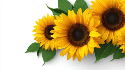 Obraz premium Three vibrant sunflowers with bright yellow petals and dark centers are surrounded by fresh green leaves against a clean, white background, creating a summer aesthetic.