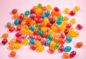 Vibrant jelly beans scattered on a pastel surface , spring, delicious