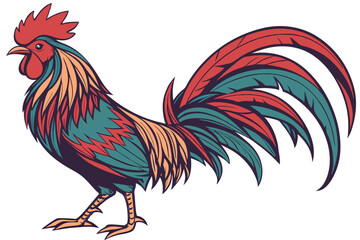 127 rooster, colorful feathers, vibrant hues, detailed plumage, majestic pose, proud stance, isolated white background, photorealistic, highly detailed