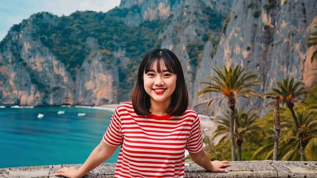 Young woman smiling and looking at the camera with the beach and mountain in the background