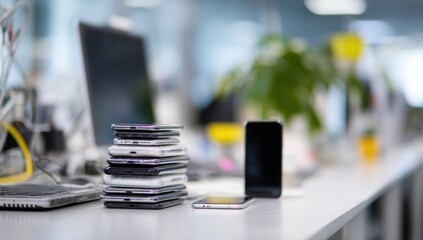 A Stack of Smartphones Resting on a Desk in an Office Setting, Shows Several Mobile Phones Arranged Vertically, Highlighting Technology and Communication in a Modern Workplace Environment.
