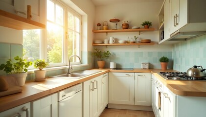 A cheerful kitchen, sparkling clean, sunlight streaming through window , imagery, shine