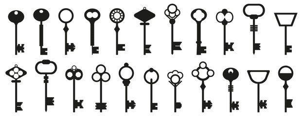 Antique key silhouettes collection in black. Vector illustration