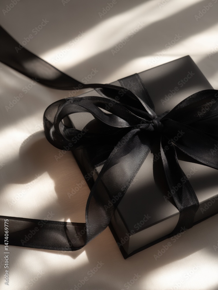 Poster elegant black ribbon accentuates a classy gift box placed softly on a light surface with gentle shad