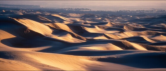 Undulating sand dunes stretch endlessly, basking in golden sunlight that highlights their smooth, intricate patterns under a vast sky.