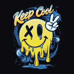 Keep Cool Melting Smiley Face with Peace Sign Vector Graphic