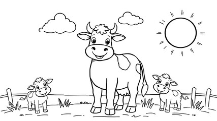 Obraz premium Adorable farm scene depicting a smiling mother cow with two playful baby calves