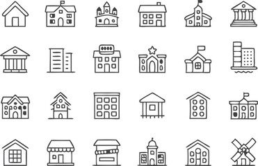 Building thin line icons set. Building, Architecture, House, Hospital, Office, School, Bank, Church, Hotel editable stroke icon. Vector