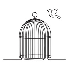 Silhouette Birdcage with Flying Bird Line Art Illustration Graphic