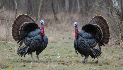 Two wild turkeys strutting in forest nature scene wildlife thanksgiving bird animal outdoor photography