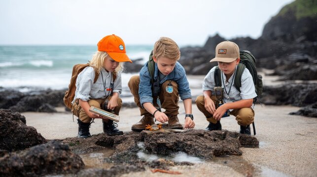 Kids exploring seashore