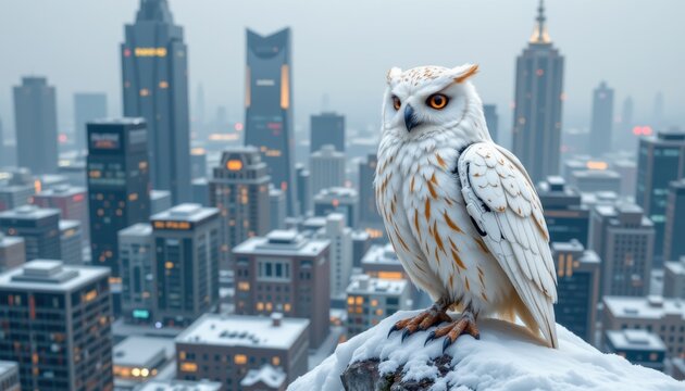white mechanical owl perched on a snowy cityscape for futuristic winter themed photography with tech inspired elements perfect for seasonal product listings and branding content