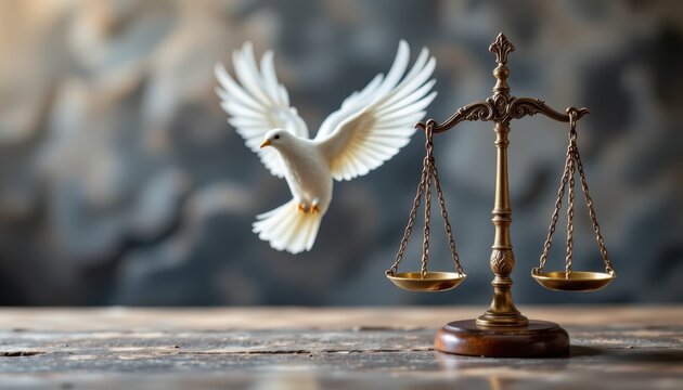 white dove and scales of justice in abstract digital art for conceptual law and justice themed photography with symbolic imagery, perfect for branding or product listings related to legal services