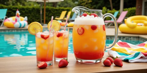 Fruit Punch, Pool Party, Vibrant Summer Drink A large pitcher of colorful fruit punch with slices of citrus and berries