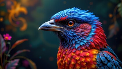 surreal colorful bird portrait with intricate details and vibrant plumage set against a mystical background for detailed wildlife photography with artistic flair, ideal for creative product branding