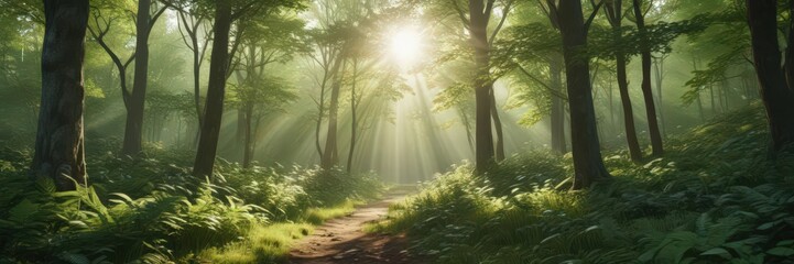 Lush green forest with sunlight dappling through leaves, outdoor, flora