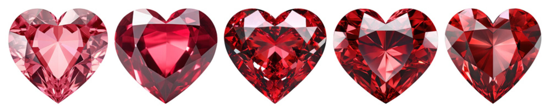 PNG Five sparkling red heart-shaped gemstones transparent background.