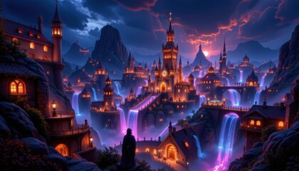 illuminated fantasy cityscape at night with glowing buildings and magical atmosphere for dreamy architectural photography, perfect for sci fi or fantasy themed branding and product listings