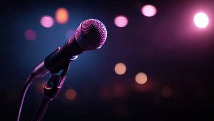 Obraz premium Microphone on stage with purple lighting