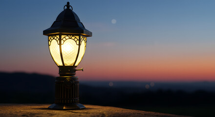 Illuminated Lantern at Sunset: A Serene Landscape