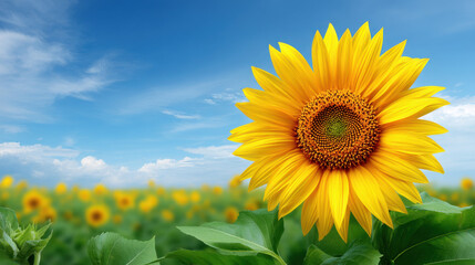 Obraz premium A bright yellow sunflower blooms in a field under a clear blue sky with scattered clouds, radiating warmth and beauty on a sunny summer day, inviting admiration.