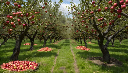 Naklejka premium Apple orchard harvest season with ripe red apples on trees and ground scenic landscape view farm 100