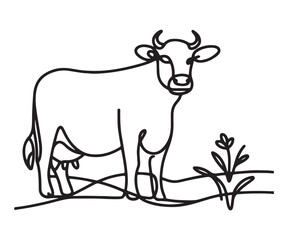 Simple Continuous Line Drawing of a Cow in a Field