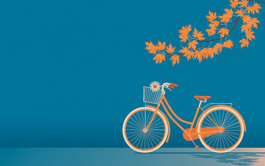 Minimalist orange bicycle with a branch of orange leaves against a blue background, creating a peaceful scene