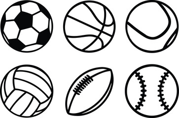 Sport balls set. Ball icons. Balls for Football, Soccer, Basketball, Tennis, Baseball, Volleyball. Vector illustration