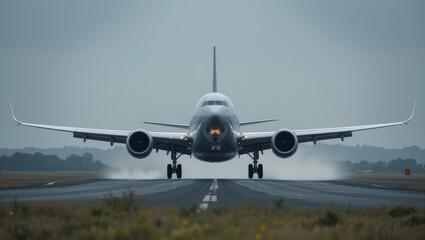 Obraz premium Large Commercial Airplane Landing on a Wet Runway Against a Stormy Sky at an Airport
