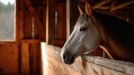 A horse stretching its neck over the wooden stall door, barn interior glowing with natural light from a nearby window