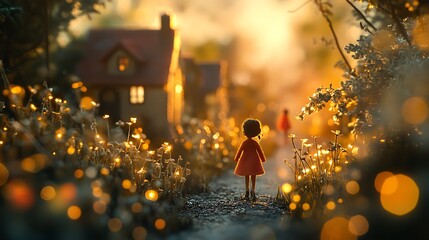 Enchanting twilight walk on a luminous path toward a whimsical cottage