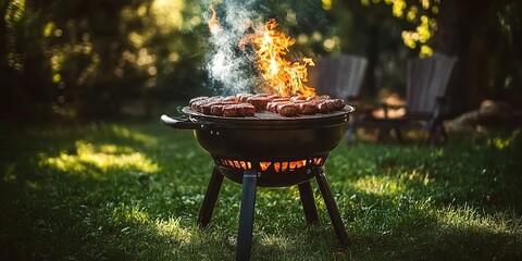 A charcoal barbecue grill with burger patties and flames on a grassy outdoor lawn with rocks and greenery in the background.