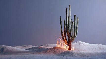 A lone saguaro cactus on white, flames dancing up one side, surreal visual combining calm and chaos