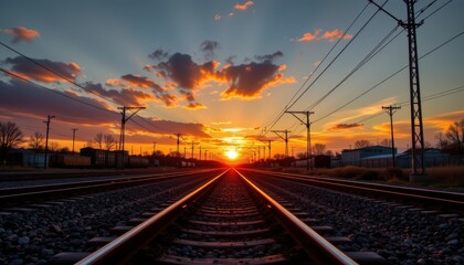 Obraz premium railroad tracks at sunset with sparks ideal for transportation photography, industrial branding, and e commerce listings showcasing dramatic sunset scenes, railway imagery, and dynamic visuals