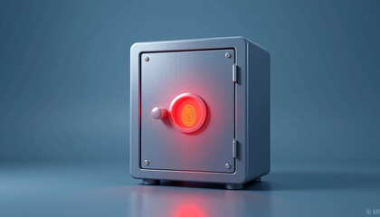 A metallic safe with a red light flashing around the keyhole, symbolizing security, protection, and valuables. The safe stands on a reflective surface, adding to the sense of mystery and importance