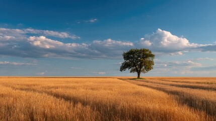 Fototapeta premium A lone tree standing at the edge of a golden wheat field under a wide open sky, symbolizing solitude