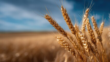 Obraz premium A macro shot of golden wheat heads with a blurred field and sky behind, showing detail and texture