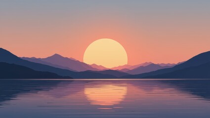 Fototapeta premium Majestic Sunset Over Calming Lake Surrounded By Silhouette Mountains In A Serene Landscape