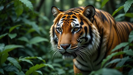 Majestic Tiger Stalking Through Lush Green Jungle in Natural Habitat with Intense Gaze