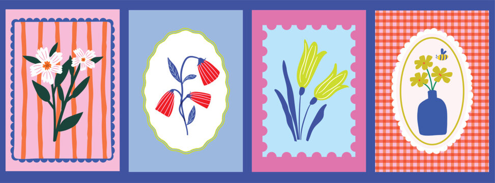 Colorful vibrant flower illustration poster set. Hand drawn flat simple shapes floral drawing. Trendy design for cards, print, kitchen, branding, fashion graphics.